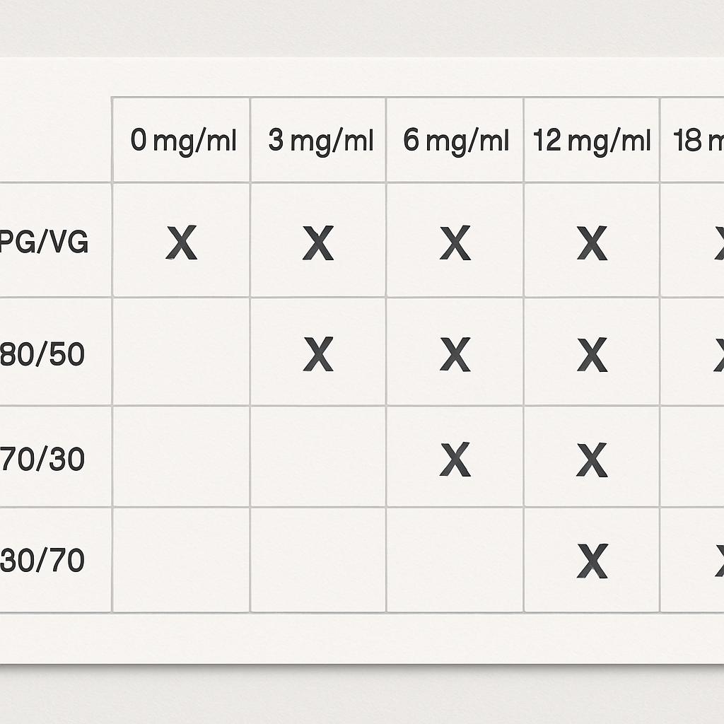 Exemple de tableau comparatif des taux de nicotine et ratios PG/VG des e-liquides suisses, pour aider au choix selon le profil du vapoteur
