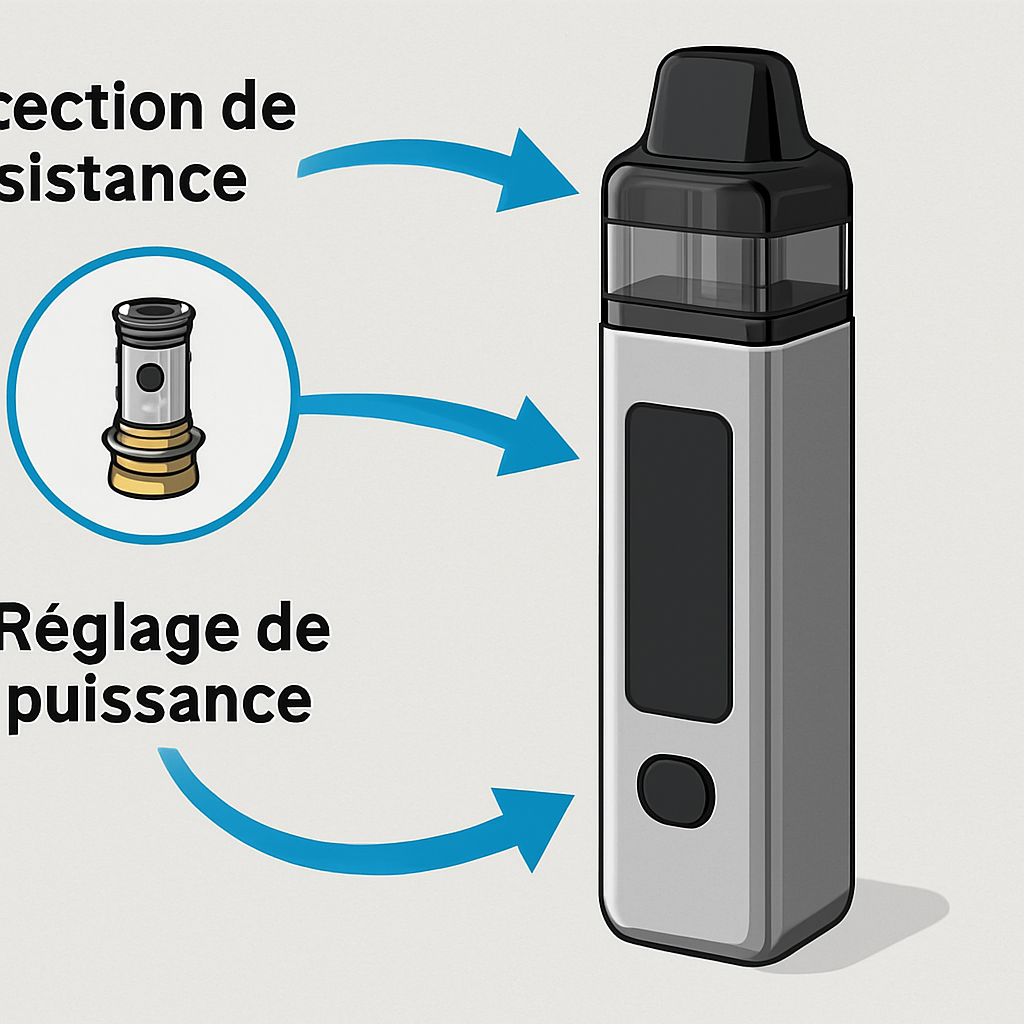 Schéma explicatif du fonctionnement d’un pod intelligent de cigarette électronique, avec détection automatique de résistance et réglage de puissance, adapté à la réglementation suisse