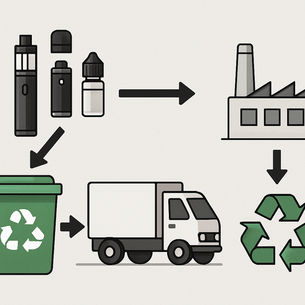 Schéma du processus de recyclage des produits de vapotage en Suisse, illustrant les étapes depuis la collecte jusqu'au traitement des déchets électroniques de cigarette électronique, batteries, pods et flacons d'e-liquide selon la réglementation suisse