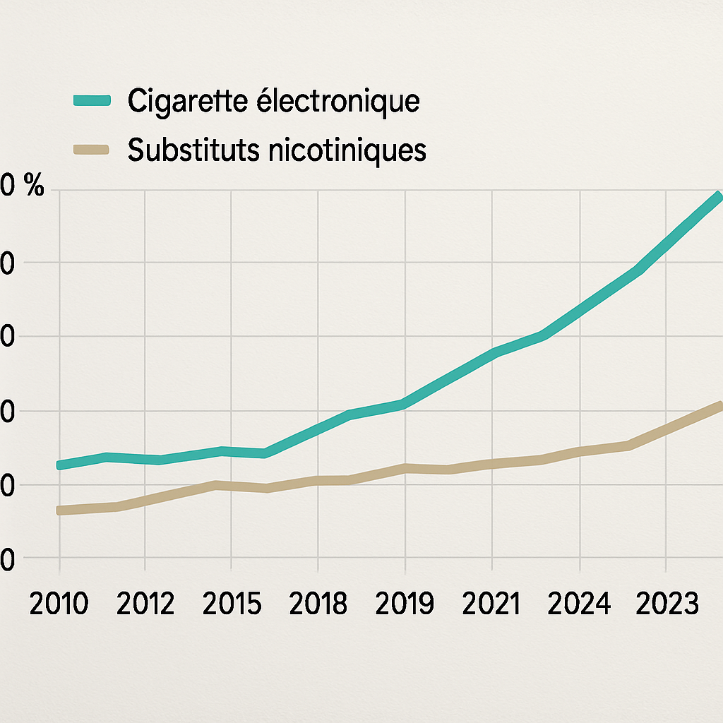 Graphique montrant l’augmentation du taux de réussite de l’arrêt du tabac grâce à la cigarette électronique en Suisse entre 2010 et 2023, comparé aux substituts nicotiniques classiques